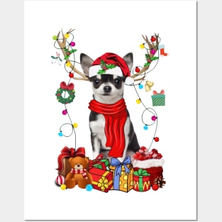 Black Chihuahua Reindeer Santa Christmas Color Lights Posters and Art